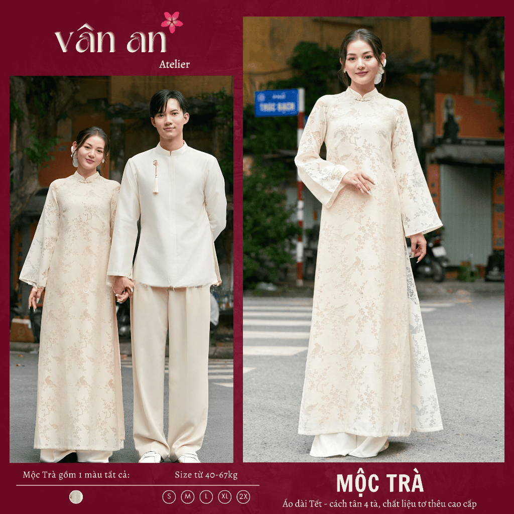 Áo Dài MỘC TRÀ - Dáng Dài, Tay Dài Với Thiết Kế 4 Tà - Chất Liệu Tơ Thêu Hoạ Tiết Chim Cát Tường Mặc Dạm Ngõ
