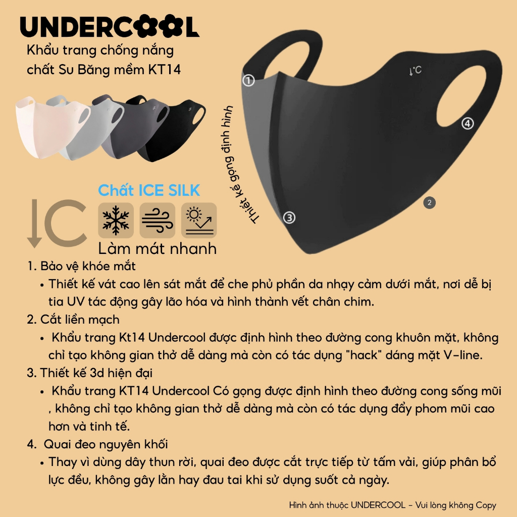 Khẩu Trang Vải Chống Nắng UNDERCOOL Chất Su Băng Ice Silk Làm Mát Nhanh, Chống Tia UV, Bảo Vệ Khóe Mắt Nam Nữ KT14