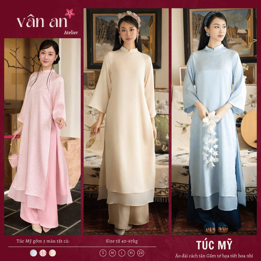 Áo Dài TÚC MỸ - Dáng Suông 4 Tà - Chất Liệu Gấm Tơ In Hoạ Tiết, Cổ Đính Ngọc - Mặc Lễ Tết - Áo Dài Vân An