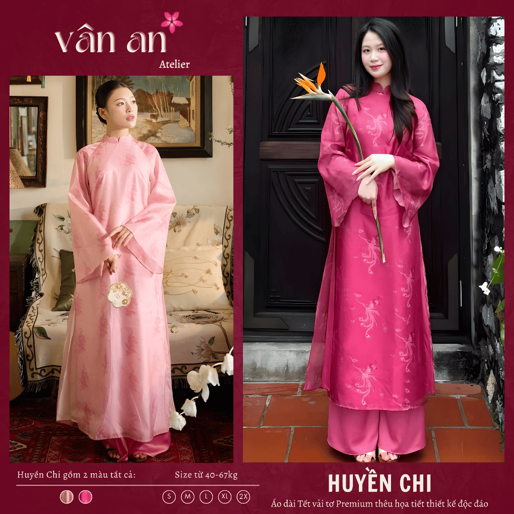 Áo Dài HUYỀN CHI - Dáng Suông Dài, Cách Tân - Chất Liệu Tơ In Hoạ Tiết - Mặc Tết, Dạm Ngõ - Áo Dài Vân An