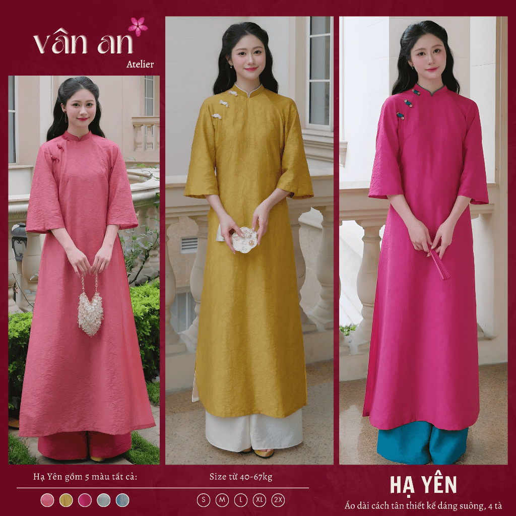 Áo Dài HẠ YÊN - Dáng Suông, Đính Nơ - Chất Liệu Tơ Tencel Thêu Họa Tiết Phù Hợp Đi Dạy, Tết - Áo Dài Vân An
