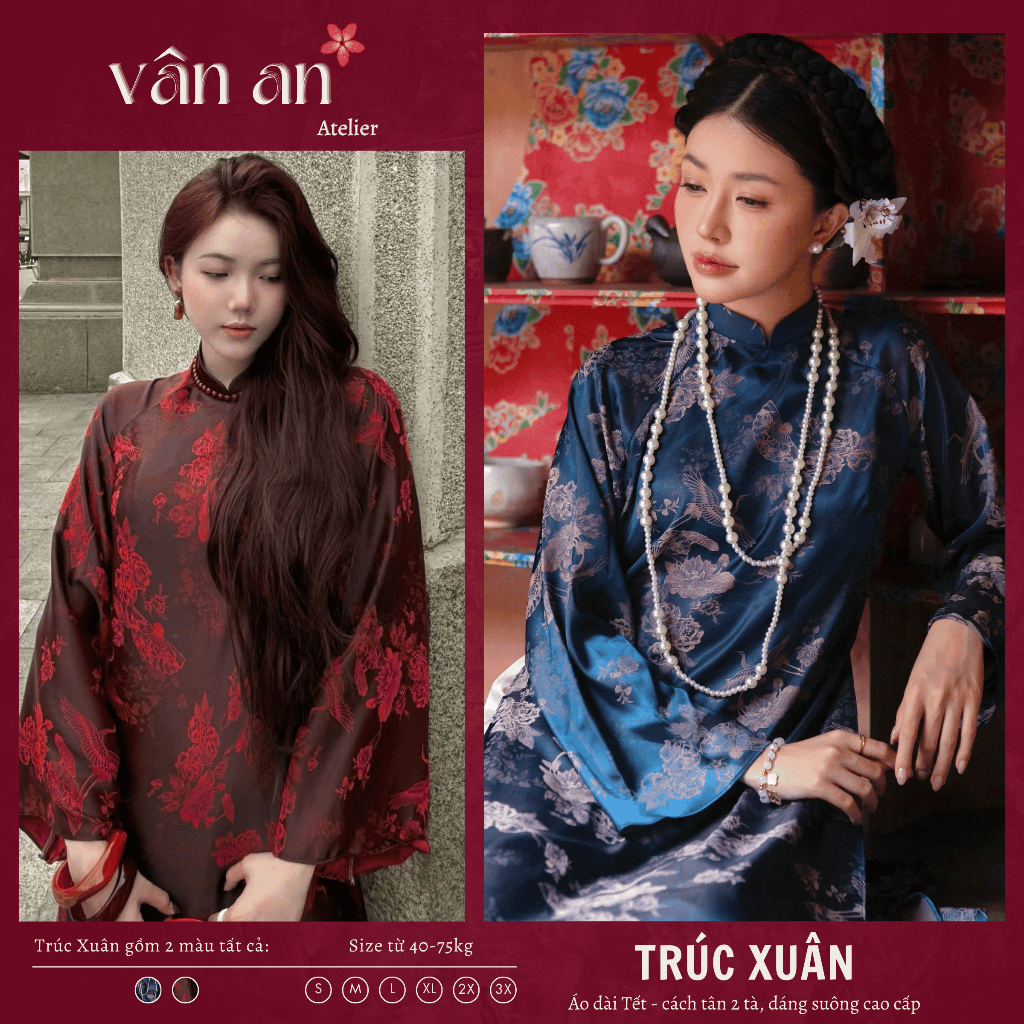 Áo Dài TRÚC XUÂN - Cách Tân Dáng Suông Dài - Chất Liệu Gấm Lụa In Hoạ Tiết Phù Hợp Mặc Lễ Tết - Áo Dài Vân An