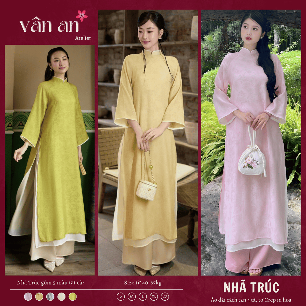 Áo Dài NHÃ TRÚC - Dáng Suông Cách Tân 4 Tà - Chất Liệu Tơ Crep In Hoạ Tiết - Mặc Tết, Ăn Hỏi - Áo Dài Vân An