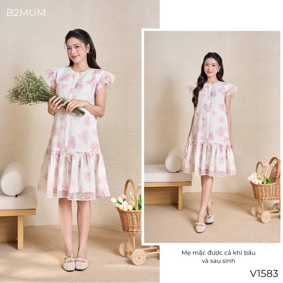 Đầm Bầu Suông Chất Tơ Hoa, Tay Cánh Tiên – Mặc Đi Chơi, Du Lịch, Đi Biển Thoải Mái, Solla Dress V1583 By B2MUM