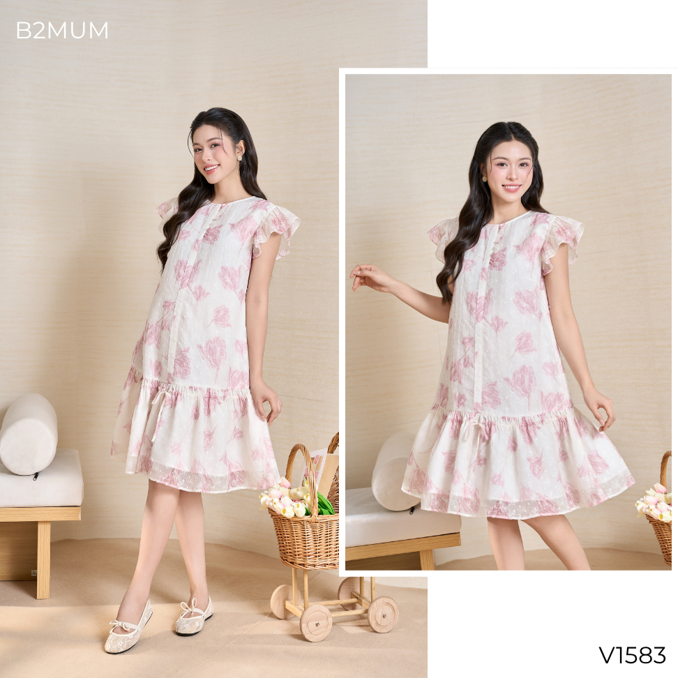 Đầm Bầu Suông Chất Tơ Hoa, Tay Cánh Tiên – Mặc Đi Chơi, Du Lịch, Đi Biển Thoải Mái, Solla Dress V1583 By B2MUM