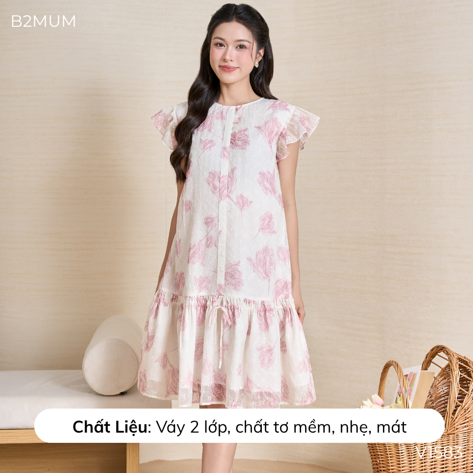 Đầm Bầu Suông Chất Tơ Hoa, Tay Cánh Tiên – Mặc Đi Chơi, Du Lịch, Đi Biển Thoải Mái, Solla Dress V1583 By B2MUM