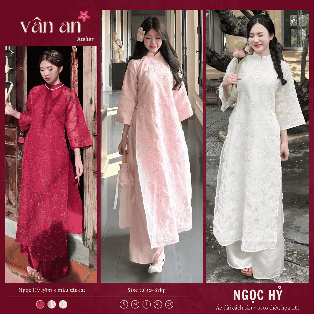 Áo Dài NGỌC HỶ - Dáng Suông Với Thiết Kế 4 Tà, Chất Liệu Tơ Thêu - Mặc Tết, Dạm Ngõ, Ăn Hỏi - Áo Dài Vân An