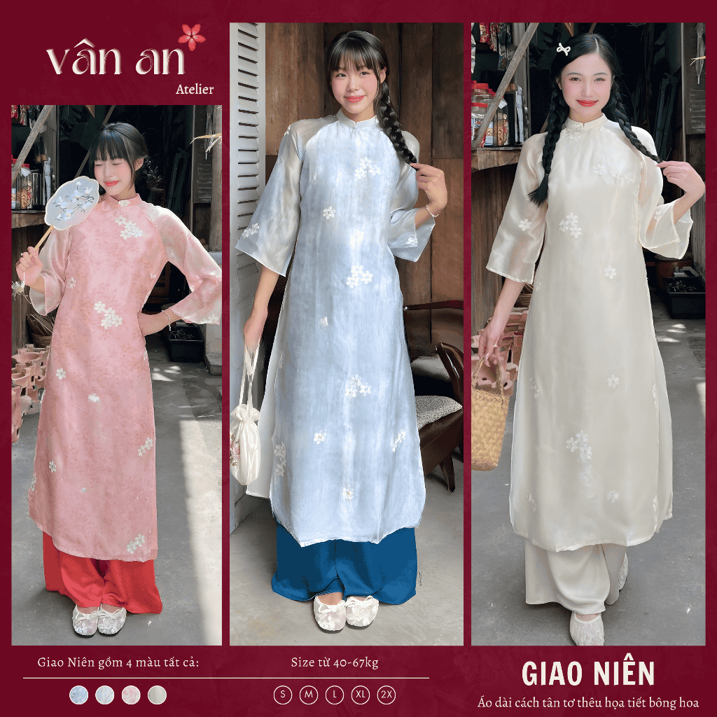 Áo Dài GIAO NIÊN - Cách Tân Dáng Suông 4 Tà - Chất Liệu Tơ Thêu Hoạ Tiết - Mặc Tết, Đi Chơi - Áo Dài Vân An
