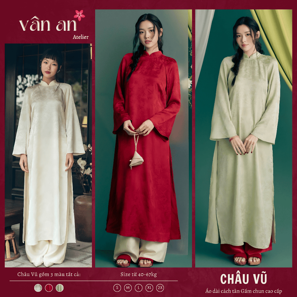 Áo Dài CHÂU VŨ - Cách Tân Dáng Dài - Chất Liệu Gấm Chun Dệt Nổi Mặc Lễ Tết, Dạm Ngõ - Áo Dài Vân An