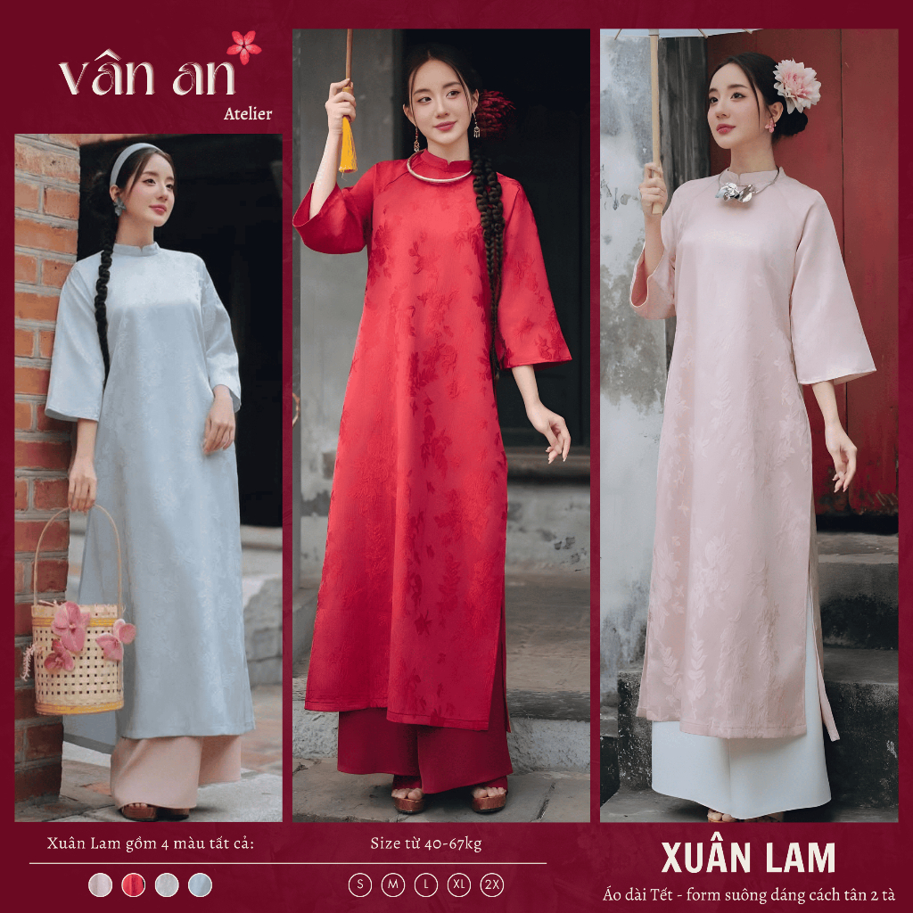 Áo Dài XUÂN LAM - Dáng Suông 2 Tà, Chất Liệu Gấm Châu Sa Dệt Hoa Nổi - Mặc Lễ Tết, Dạm Ngõ - Áo Dài Vân An