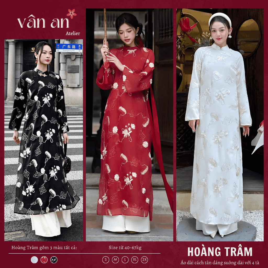 Áo Dài HOÀNG TRÂM - Dáng Dài 4 Tà - Chất Liệu Tơ Organza Thêu Hoạ Tiết - Mặc Lễ Tết, Dạm Ngõ - Áo Dài Vân An