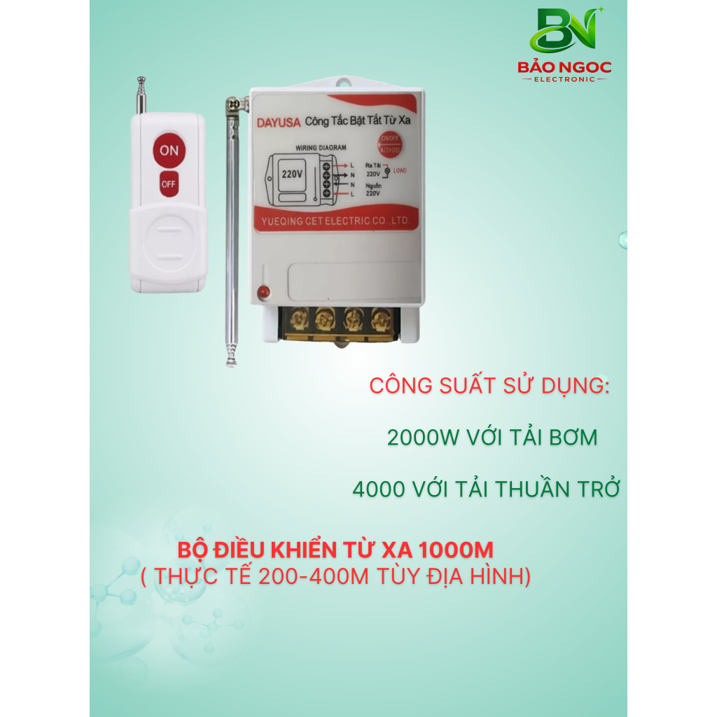 Bộ Công tắc Điều khiển Từ xa 100- 3000m 220V - 380v Dùng cho Máy bơm Nước và Rửa Xe các thiết bị cần bật tắt từ xa