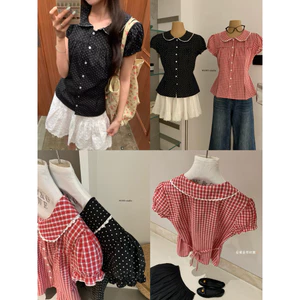 WGWE | Áo sơ mi tay ngắn cổ búp bê , buộc dây eo – W9474#