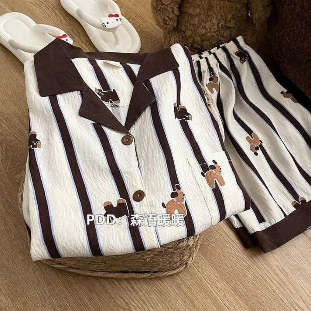Bộ đũi viền kẻ nâu ( hàng qc)