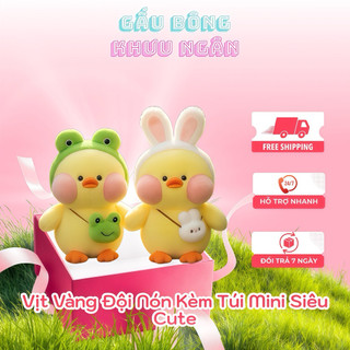 Gấu Bông Vịt Vàng Đội Nón Kèm Túi Mini Siêu Cute, Thú Nhồi Bông Mềm Mịn Cao Cấp, Quà Tặng Cho Bé