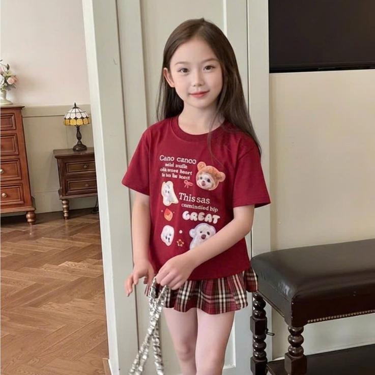 (VÁY CÓ LÓT TRONG).Chân váy+Áo.Váy xếp ly cho bé gái in họa tiết hoạt hình,chất vải cotton mềm mịn thoáng mát.V10