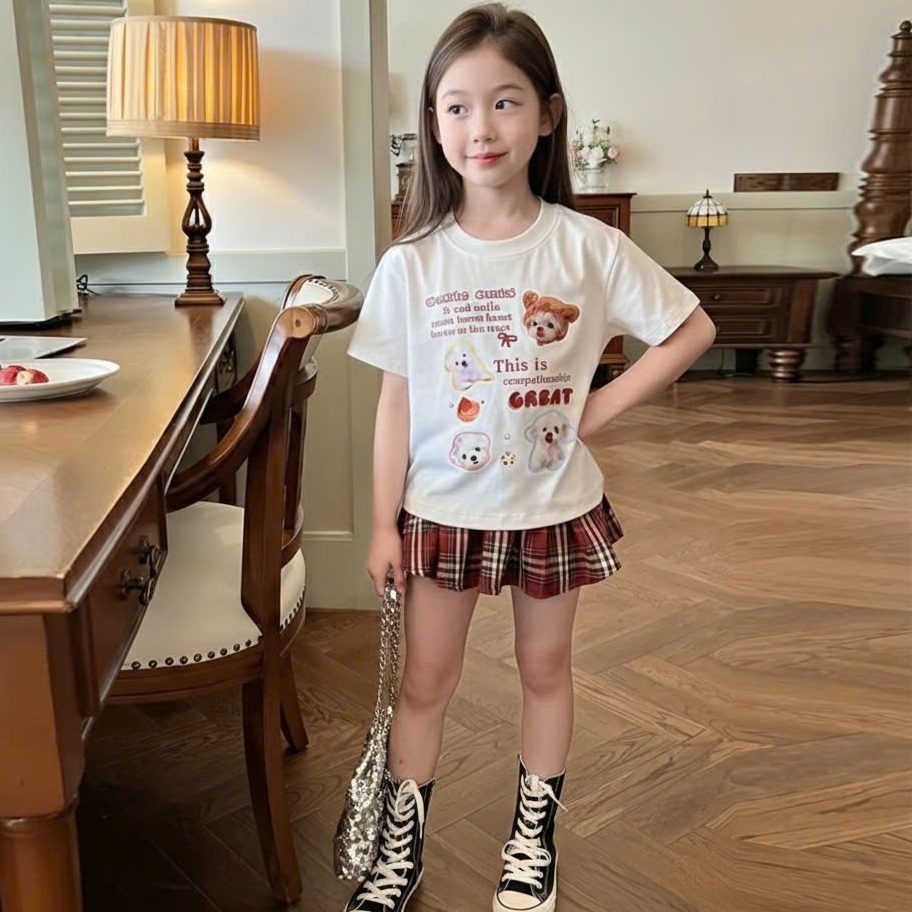 (VÁY CÓ LÓT TRONG).Chân váy+Áo.Váy xếp ly cho bé gái in họa tiết hoạt hình,chất vải cotton mềm mịn thoáng mát.V10