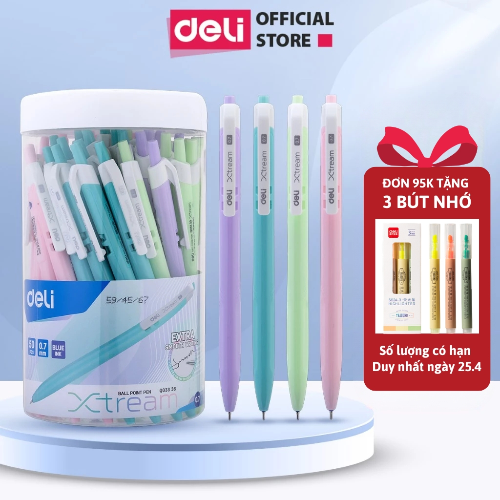 [TẶNG 3 BÚT NHỚ] Hộp 50 Bút Bi Bấm Deli Mực Xanh Đen Đỏ Ngòi 0.7mm Viết Đều Trơn Tru Thân Pastel