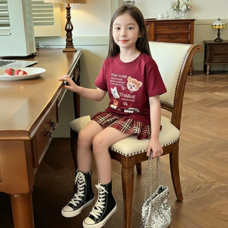 (VÁY CÓ LÓT TRONG).Chân váy+Áo.Váy xếp ly cho bé gái in họa tiết hoạt hình,chất vải cotton mềm mịn thoáng mát.V10