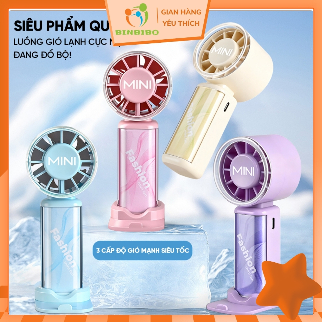 Quạt Cầm Tay Mini Tích Điện 3  Tốc Độ Pin Trâu Gió Mạnh Sạc Pin USB  Cầm Tay Du Lịch Có Giá Đỡ Điện Thoại