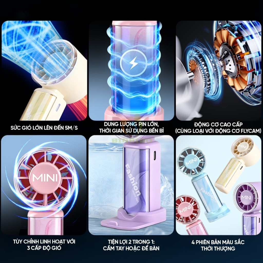 Quạt Cầm Tay Mini Tích Điện 3  Tốc Độ Pin Trâu Gió Mạnh Sạc Pin USB  Cầm Tay Du Lịch Có Giá Đỡ Điện Thoại