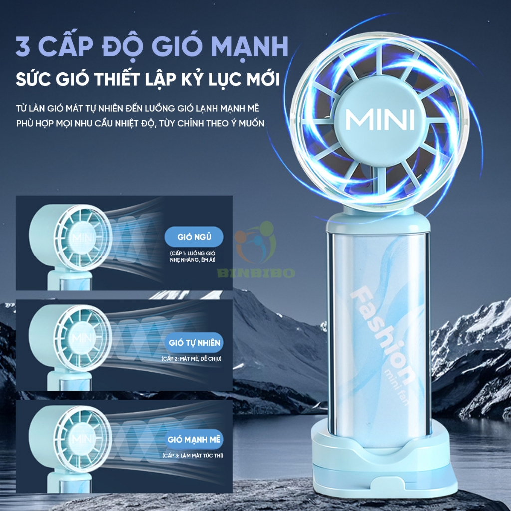 Quạt Cầm Tay Mini Tích Điện 3  Tốc Độ Pin Trâu Gió Mạnh Sạc Pin USB  Cầm Tay Du Lịch Có Giá Đỡ Điện Thoại