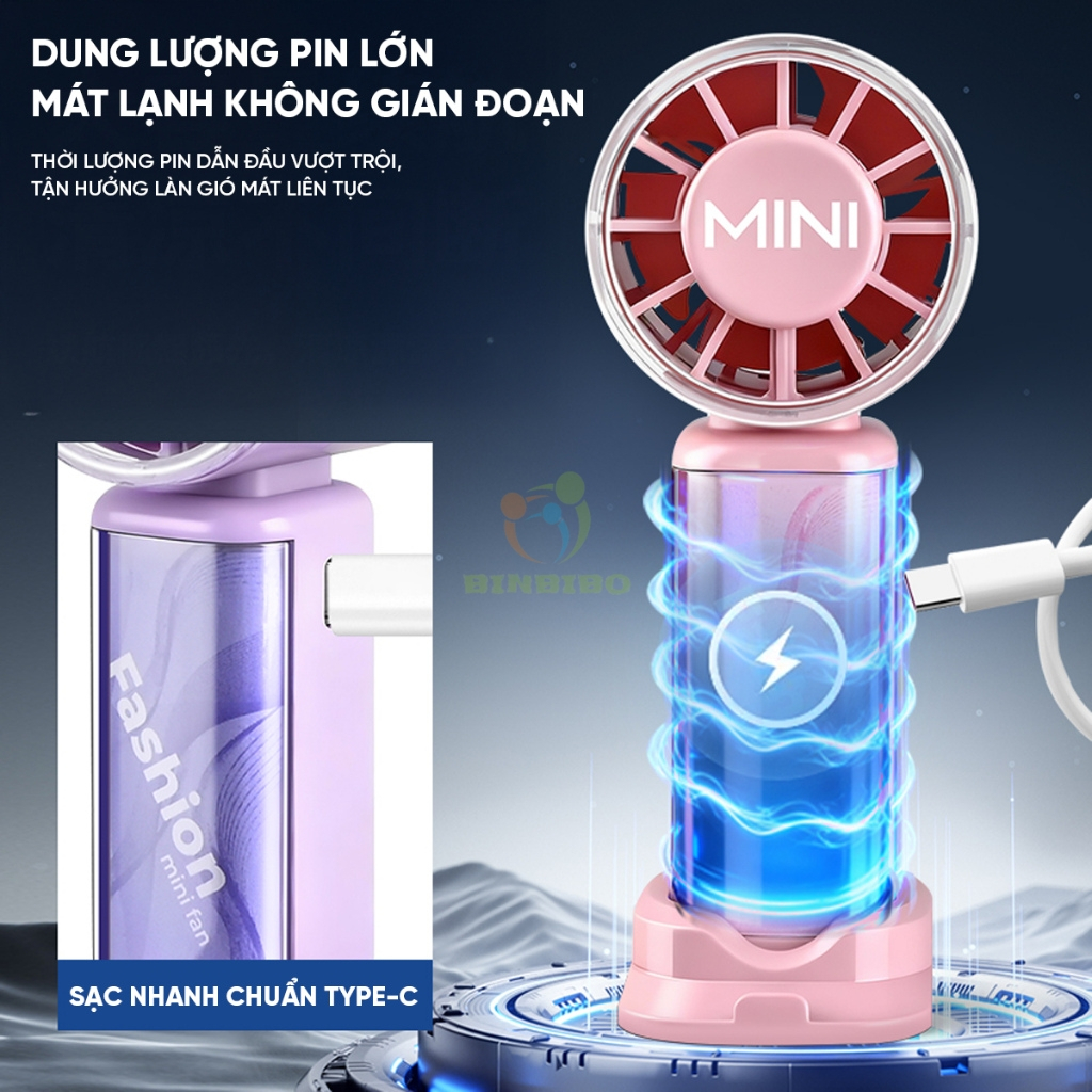 Quạt Cầm Tay Mini Tích Điện 3  Tốc Độ Pin Trâu Gió Mạnh Sạc Pin USB  Cầm Tay Du Lịch Có Giá Đỡ Điện Thoại