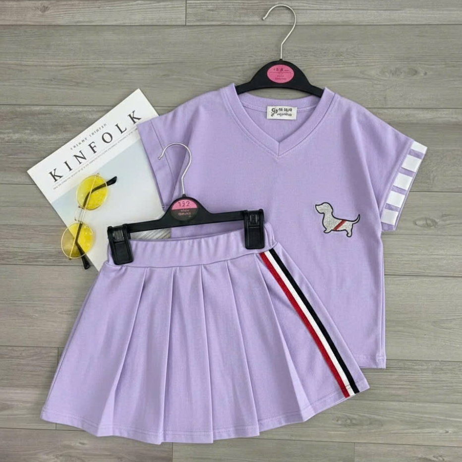 (CHÂN VÁY+ÁO). Sét chân váy xếp ly có lót trong cho bé gái 3 màu, in hình cún chất vải cotton mềm mịn thoải mái.V09