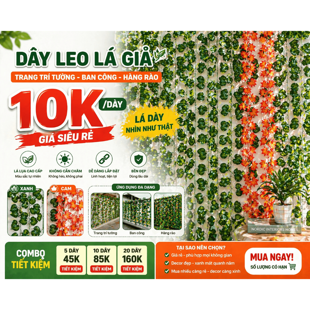 {Siêu rẻ}-Dây leo lá lụa giả siêu đẹp – trang trí tường, ban công, hàng rào – không cần chăm sóc | BigBuy360 - bigbuy360.vn