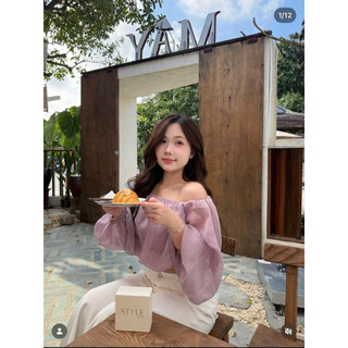 SEP House - Set áo tơ crop trễ vai dáng bí tay dài bồng bềnh phối quần dài ống rộng trắng trẻ trung thanh lịch -ảnh thật