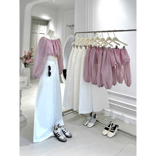 SEP House - Set áo tơ crop trễ vai dáng bí tay dài bồng bềnh phối quần dài ống rộng trắng trẻ trung thanh lịch -ảnh thật