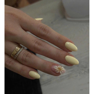Nailbox móng tay giả thiết kế sang trọng nail đi biển mùa hè pastel vàng và hoa trơn (A11)