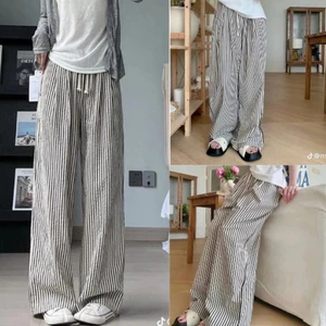 Quần Dài Cạp Cao Ống Rộng Phối Sọc Kẻ Chát Cotton Xịn Mát Mẻ Thám Hút Mồ Hôi Mặc Đi Chơi Đi Làm Siêu Đẹp