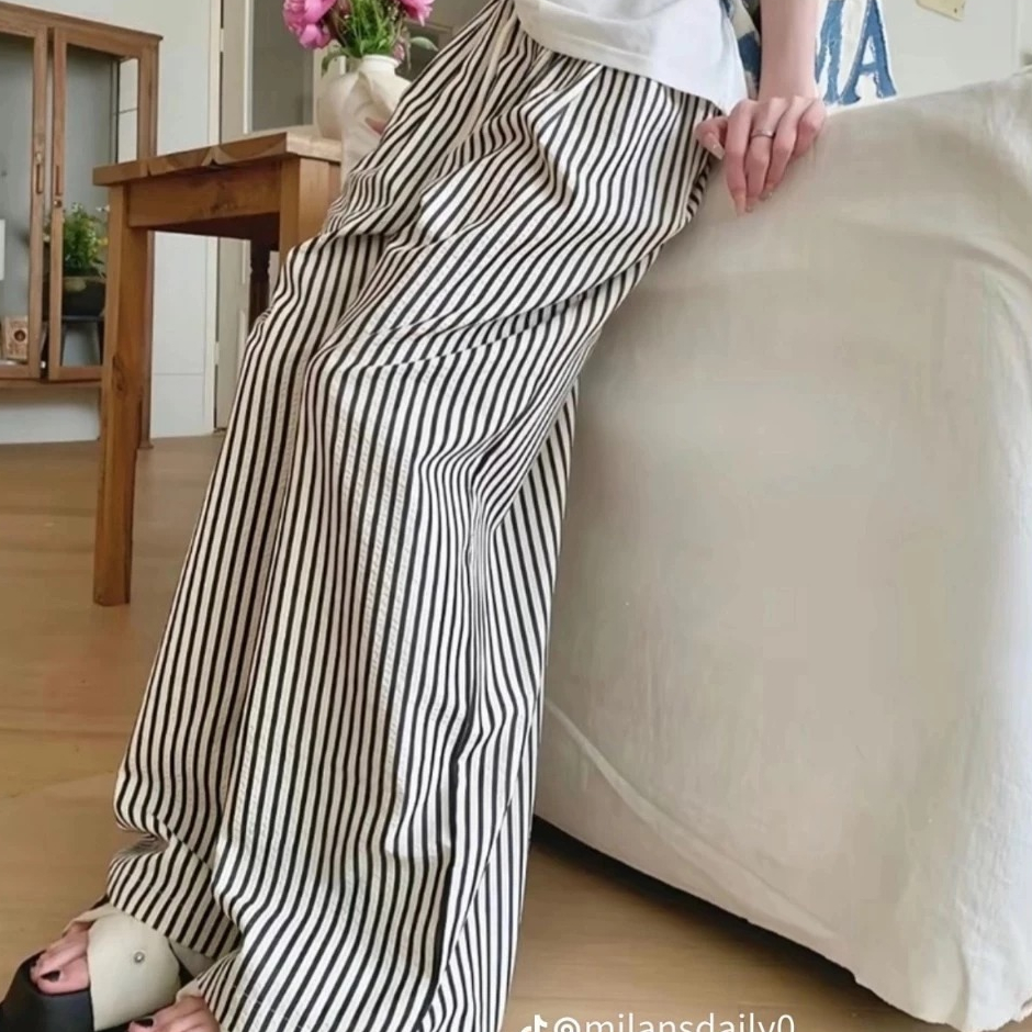 Quần Dài Cạp Cao Ống Rộng Phối Sọc Kẻ Chát Cotton Xịn Mát Mẻ Thám Hút Mồ Hôi Mặc Đi Chơi Đi Làm Siêu Đẹp