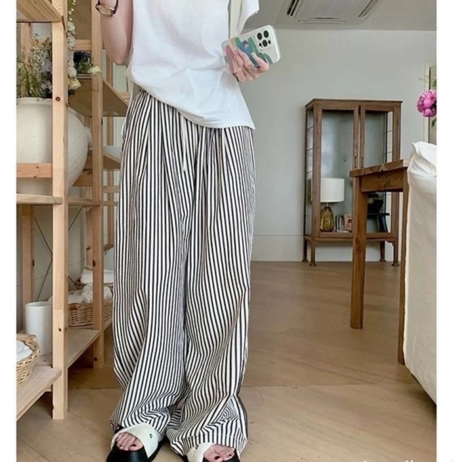 Quần Dài Cạp Cao Ống Rộng Phối Sọc Kẻ Chát Cotton Xịn Mát Mẻ Thám Hút Mồ Hôi Mặc Đi Chơi Đi Làm Siêu Đẹp