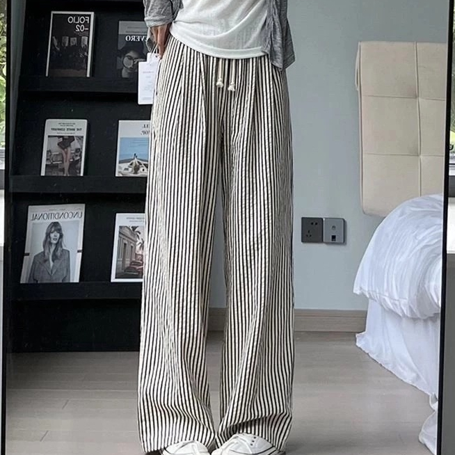 Quần Dài Cạp Cao Ống Rộng Phối Sọc Kẻ Chát Cotton Xịn Mát Mẻ Thám Hút Mồ Hôi Mặc Đi Chơi Đi Làm Siêu Đẹp