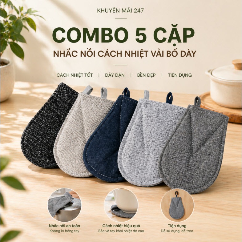 【COMBO 2-5 CẶP】  nhấc nồi cách nhiệt vải bố dày – nhắc nồi tiện dụng chống nóng