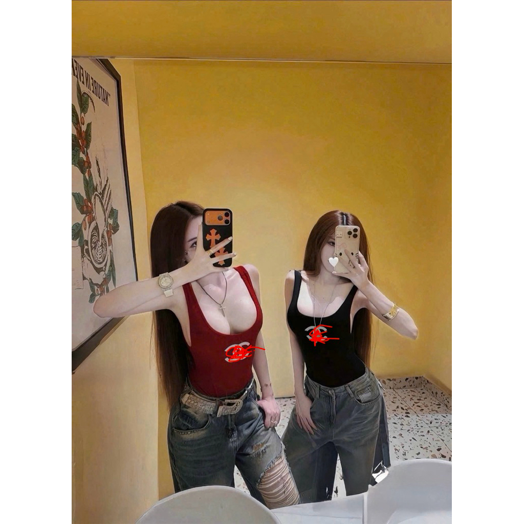 Áo bodysuit ba lỗ in chữ hở lưng siu chảnh co giãn thoải mái