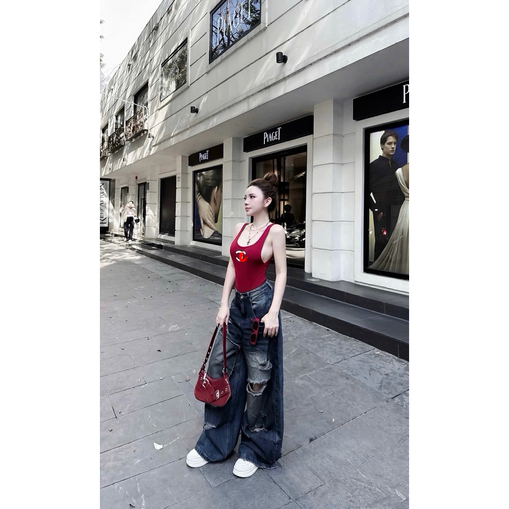Áo bodysuit ba lỗ in chữ hở lưng siu chảnh co giãn thoải mái
