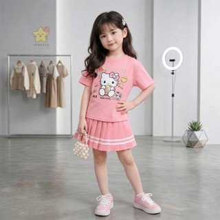 Set Đồ Bé Gái Kitty Siêu Xinh, Áo Thun Cotton Mềm + Chân Váy Xếp Ly Năng Động, Outfit Hàn Quốc Cho Bé 7–30kg