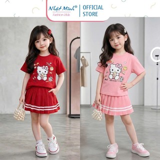 Set Đồ Bé Gái Kitty Siêu Xinh, Áo Thun Cotton Mềm + Chân Váy Xếp Ly Năng Động, Outfit Hàn Quốc Cho Bé 7–30kg
