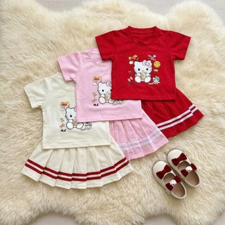 Set Đồ Bé Gái Kitty Siêu Xinh, Áo Thun Cotton Mềm + Chân Váy Xếp Ly Năng Động, Outfit Hàn Quốc Cho Bé 7–30kg