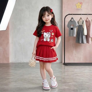 Set Đồ Bé Gái Kitty Siêu Xinh, Áo Thun Cotton Mềm + Chân Váy Xếp Ly Năng Động, Outfit Hàn Quốc Cho Bé 7–30kg