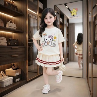 Set Đồ Bé Gái Kitty Siêu Xinh, Áo Thun Cotton Mềm + Chân Váy Xếp Ly Năng Động, Outfit Hàn Quốc Cho Bé 7–30kg
