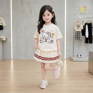 Set Đồ Bé Gái Kitty Siêu Xinh, Áo Thun Cotton Mềm + Chân Váy Xếp Ly Năng Động, Outfit Hàn Quốc Cho Bé 7–30kg