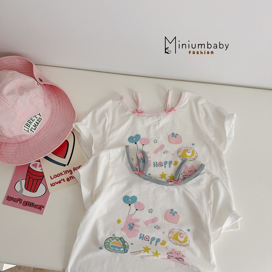 Set bộ cộc tay bé gái Miniumbaby in thỏ bánh mix 2 dây điệu đà phối quần váy, chất cotton mềm SB2475