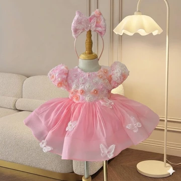 Váy Công Chúa Hoa 3D Ngọc Trai Kèm Cài Và Nơ Bướm 4-21 Kg,Váy Cho Bé Gái Đầy Tháng Sinh Nhật Dự Tiệc