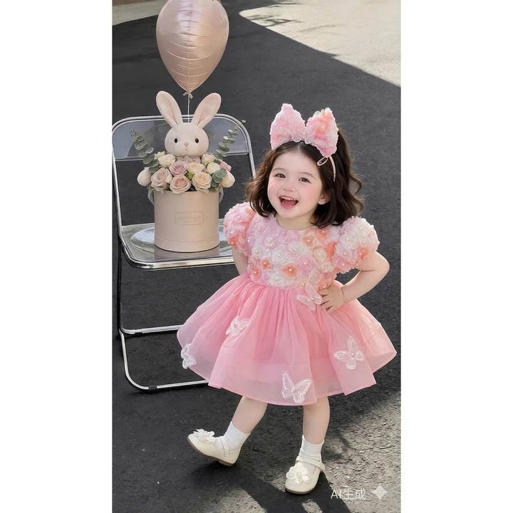 Váy Công Chúa Hoa 3D Ngọc Trai Kèm Cài Và Nơ Bướm 4-21 Kg,Váy Cho Bé Gái Đầy Tháng Sinh Nhật Dự Tiệc