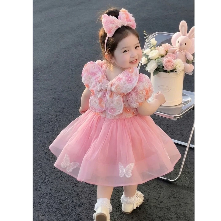 Váy Công Chúa Hoa 3D Ngọc Trai Kèm Cài Và Nơ Bướm 4-21 Kg,Váy Cho Bé Gái Đầy Tháng Sinh Nhật Dự Tiệc