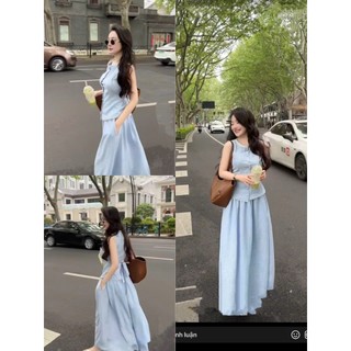 MIMI CLOTHING - Set bộ nữ hai chi tiết kẻ sọc xanh phối chân váy dài